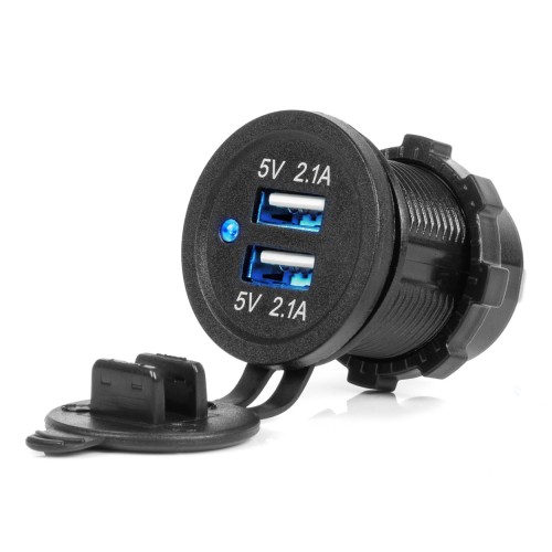 Waterproof Phone Charger with BLUE LED Indicator 4.2A 2xUSB 12/24V AMIO-04217
