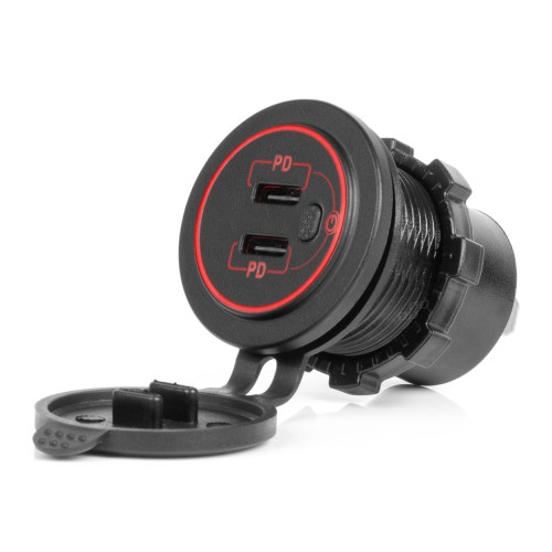 Waterproof Phone Charger with Switch RED LED Backlight 2xUSB C 12/24V AMIO-04224