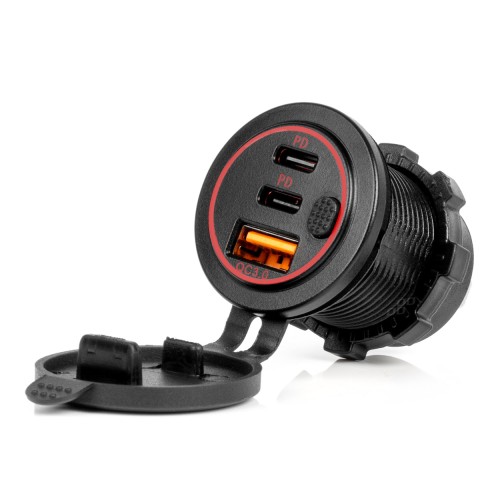 Waterproof Phone Charger with Switch RED LED Backlight USB + 2xUSB C QC3.0 12/24V AMIO-04227