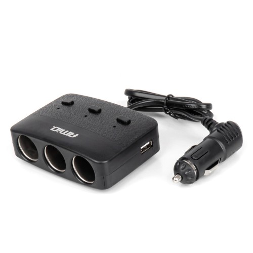 Triple extension socket charger 2x USB A ON/OFF button LED indicator 12/24V 100W 70cm AMIO-04363