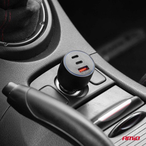 Car charger 2x USB C port + USB A port 12/24V 100W AMIO-04371