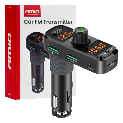 Car FM Transmitter 2?USB-A 1?USB-C mircoSD 12V 24V AMIO-04653