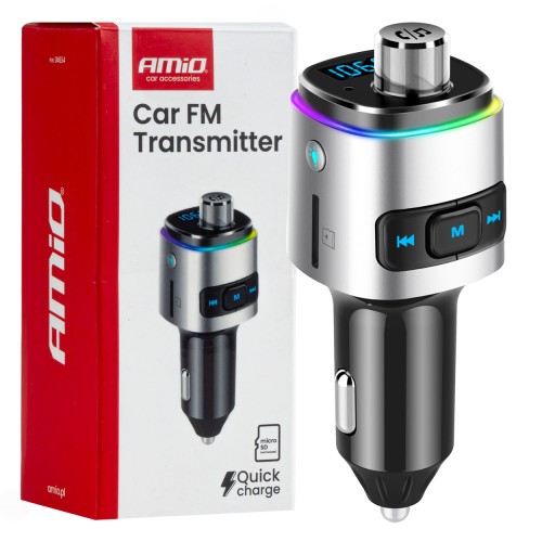 Car FM Transmitter 2?USB-A microSD 12V 24V AMIO-04654