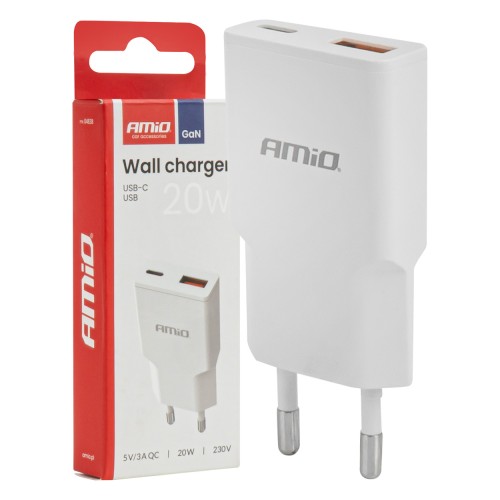 Wall charger 230V 20W GaN USB-C USB-A AMIO-04838