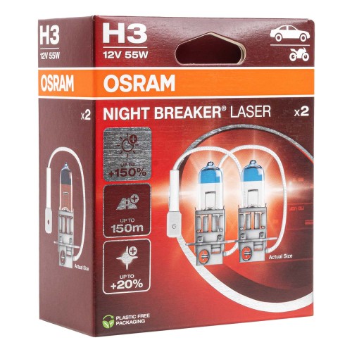 Halogen Bulb Osram H3 12V 55W PK22S NIGHT BREAKER LASER +150%/2 pcs
