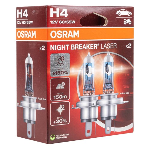 Halogen Bulb Osram H4 12V 60/55W P43t NIGHT BREAKER LASER +150%/2 pcs